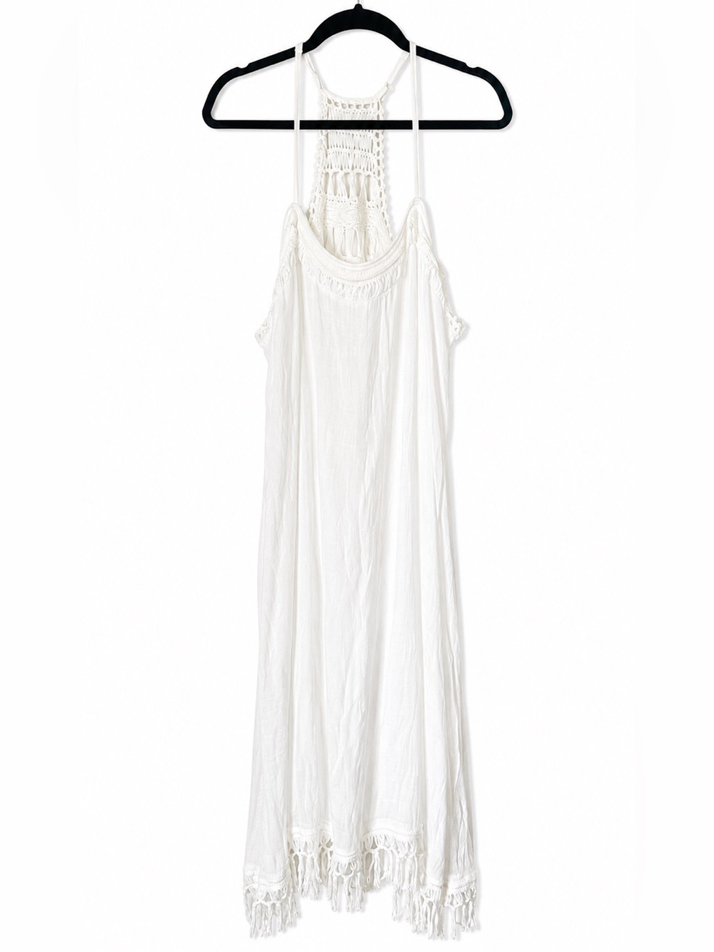 NWT JustFab White Crochet Halter Maxi Dress Boho Beach Cover Up Fringe Resort XL